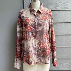 Vintage Floral Watercolor Printed Long Sleeve Blouse Shirt In Size Large/Medium